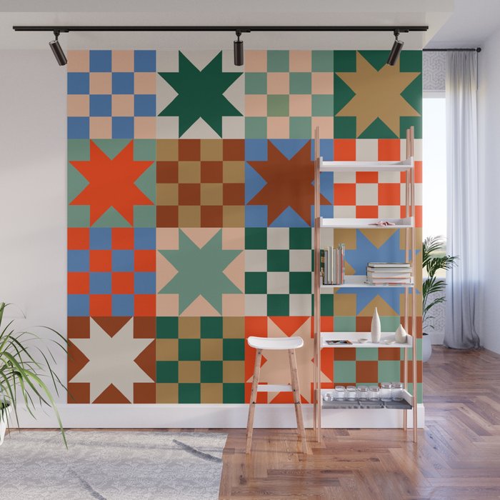 Earthy Patchwork Quilt Star Pattern Rustic Geometric Checkered Abstract in Warm Retro Colors Wall Mural