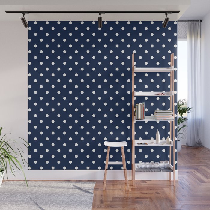 Polka Dot Classic Pattern in Nautical Navy Blue and White Wall Mural